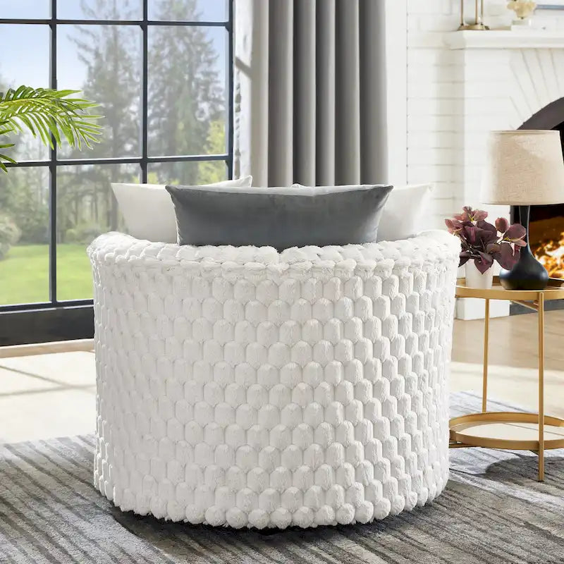 Fauteuil d'appoint alvéolé 3D en peluche blanc cassé avec roulettes et oreillers