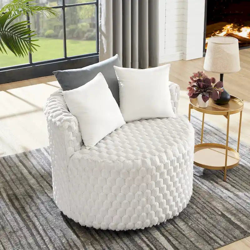 Fauteuil d'appoint alvéolé 3D en peluche blanc cassé avec roulettes et oreillers