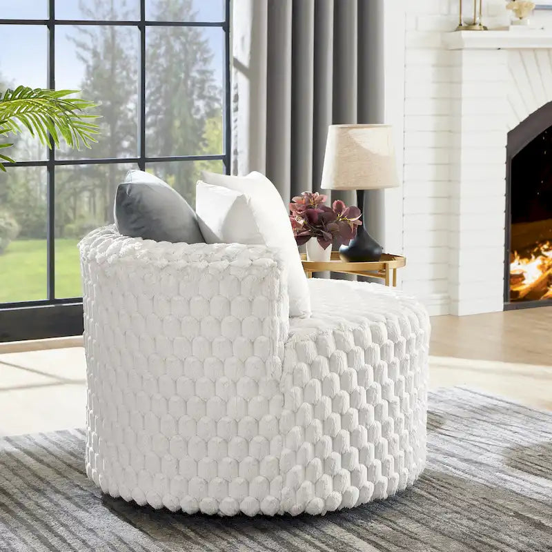 Fauteuil d'appoint alvéolé 3D en peluche blanc cassé avec roulettes et oreillers