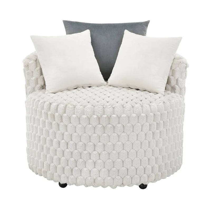 Fauteuil d'appoint alvéolé 3D en peluche blanc cassé avec roulettes et oreillers