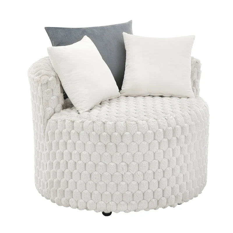 Fauteuil d'appoint alvéolé 3D en peluche blanc cassé avec roulettes et oreillers