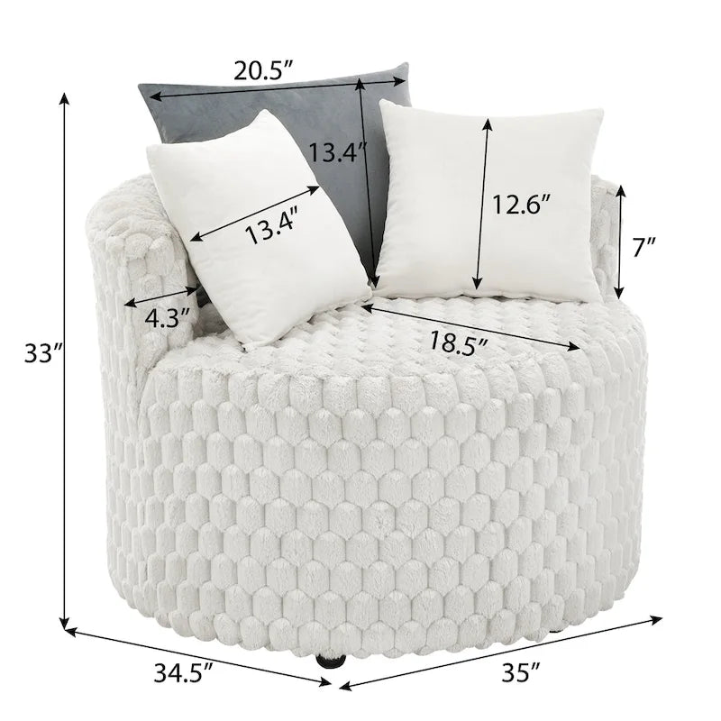 Fauteuil d'appoint alvéolé 3D en peluche blanc cassé avec roulettes et oreillers