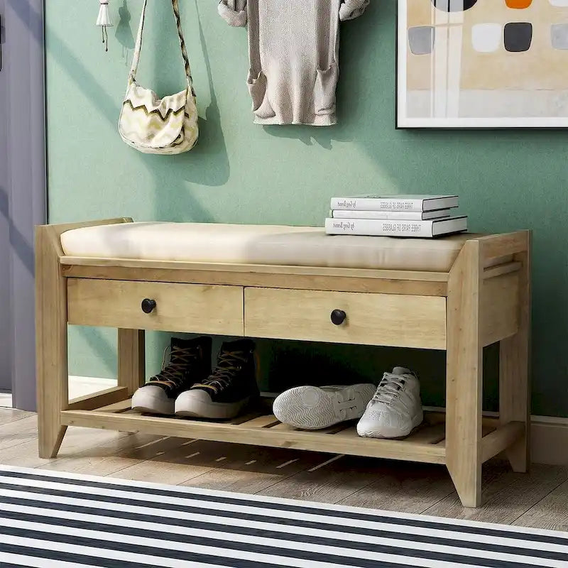 Banc de rangement capitonné de ferme avec tiroirs et range-chaussures