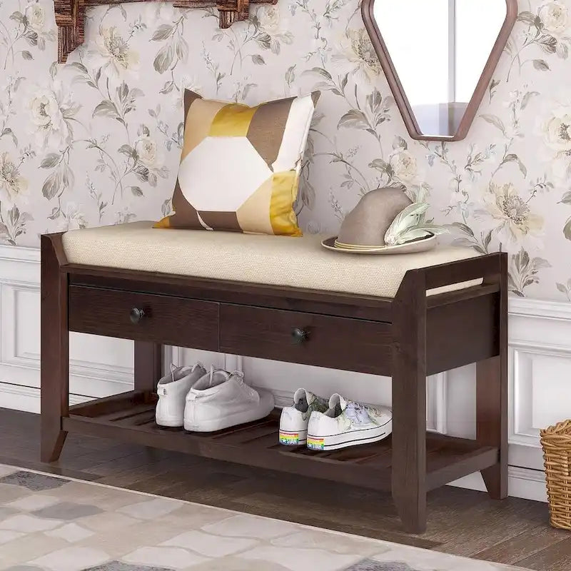 Banc de rangement capitonné de ferme avec tiroirs et range-chaussures