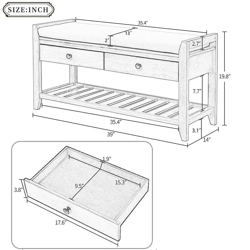 Banc de rangement capitonné de ferme avec tiroirs et range-chaussures