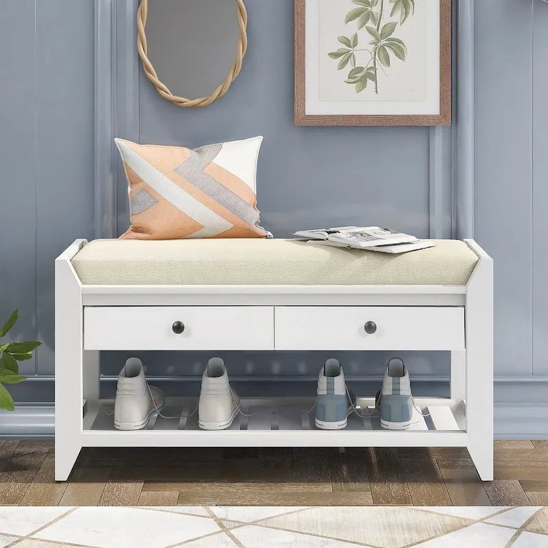 Banc de rangement capitonné de ferme avec tiroirs et range-chaussures