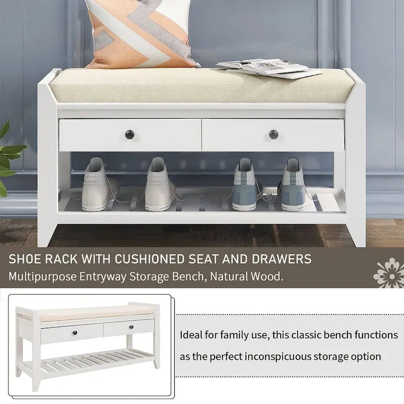 Banc de rangement capitonné de ferme avec tiroirs et range-chaussures