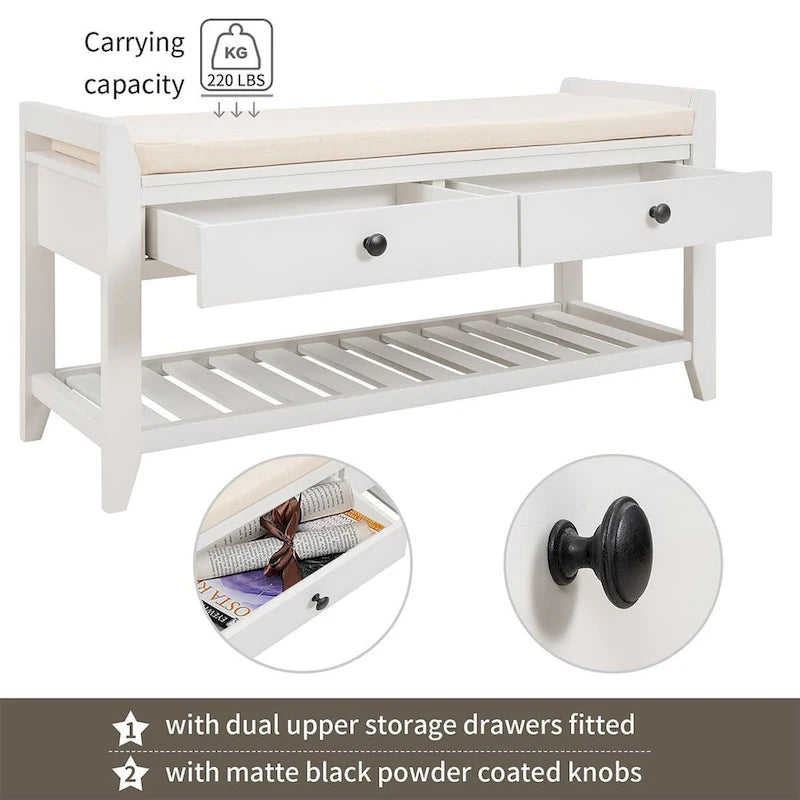 Banc de rangement capitonné de ferme avec tiroirs et range-chaussures