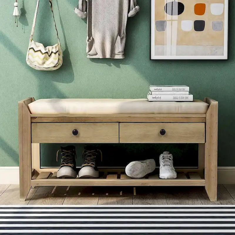 Banc de rangement capitonné de ferme avec tiroirs et range-chaussures