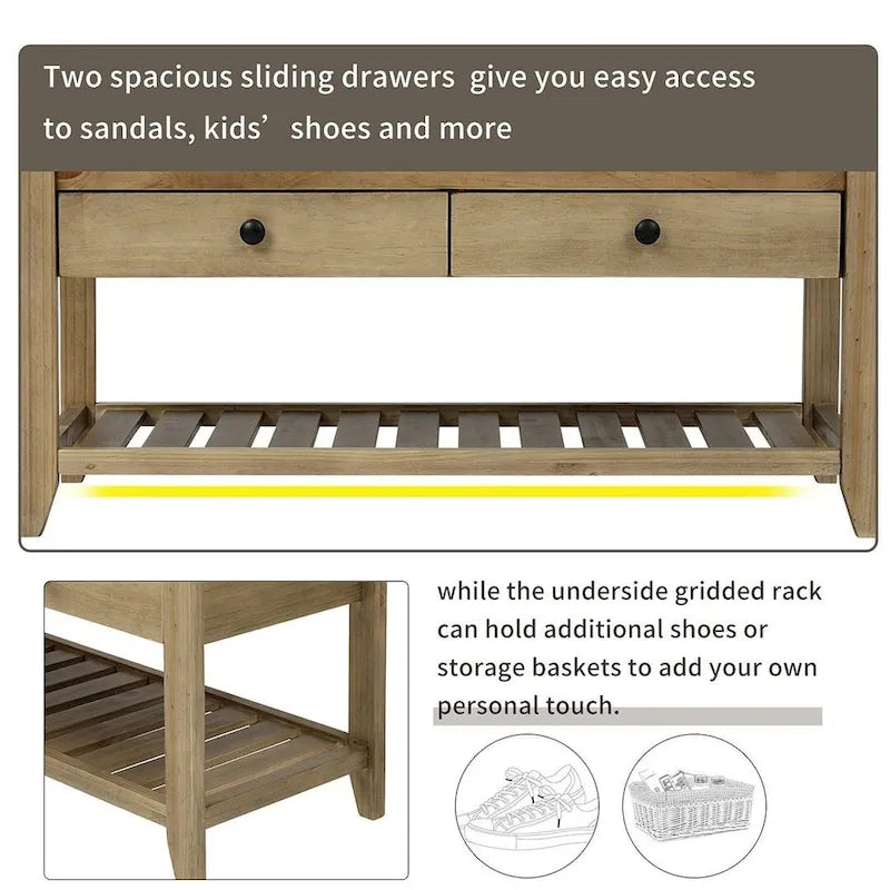Banc de rangement capitonné de ferme avec tiroirs et range-chaussures