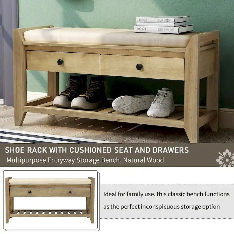 Banc de rangement capitonné de ferme avec tiroirs et range-chaussures