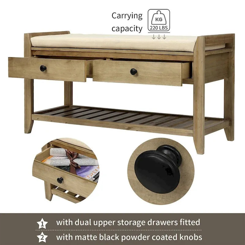 Banc de rangement capitonné de ferme avec tiroirs et range-chaussures