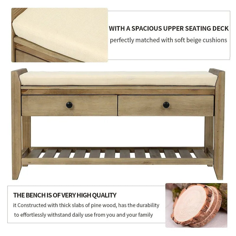 Banc de rangement capitonné de ferme avec tiroirs et range-chaussures