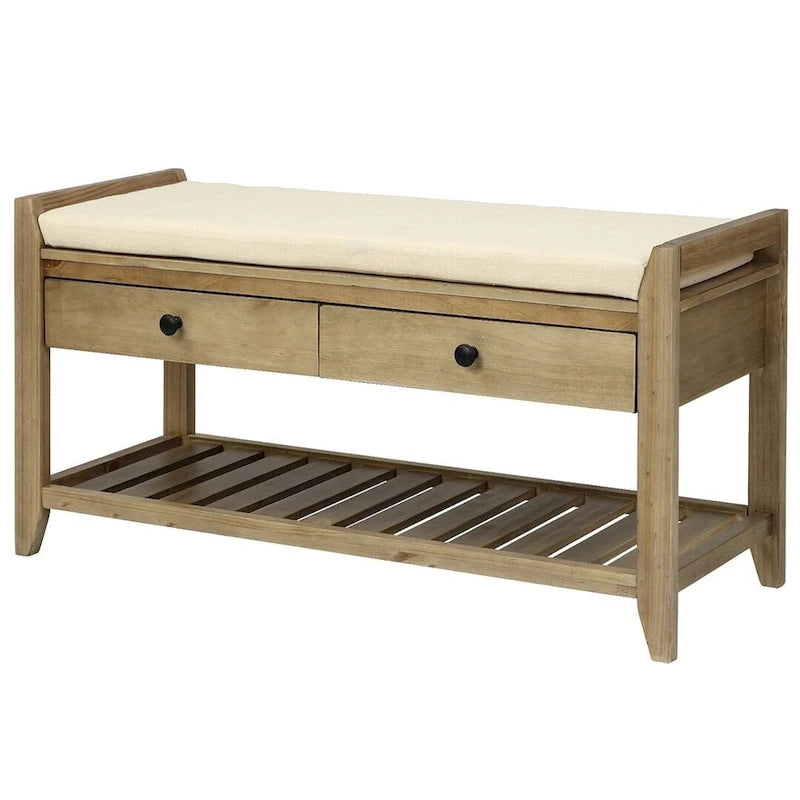 Banc de rangement capitonné de ferme avec tiroirs et range-chaussures