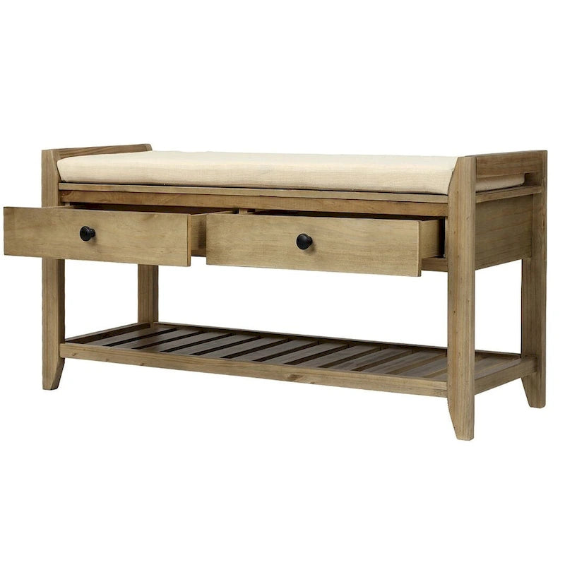 Banc de rangement capitonné de ferme avec tiroirs et range-chaussures