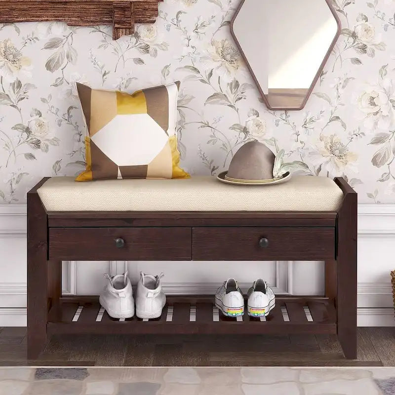 Banc de rangement capitonné de ferme avec tiroirs et range-chaussures