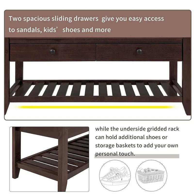 Banc de rangement capitonné de ferme avec tiroirs et range-chaussures