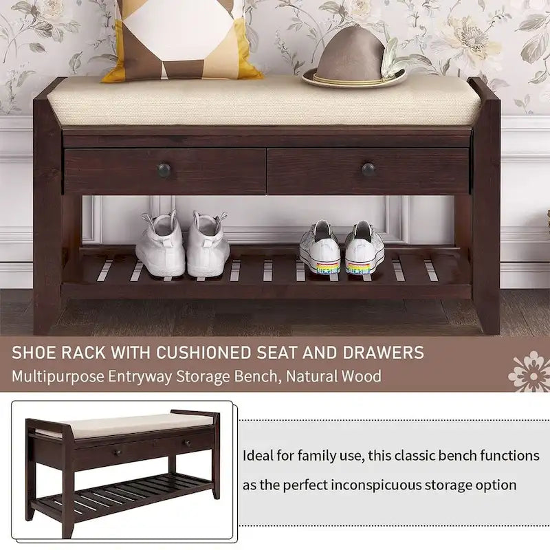 Banc de rangement capitonné de ferme avec tiroirs et range-chaussures
