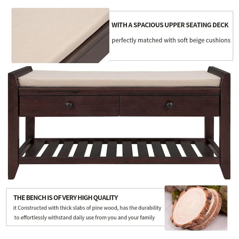 Banc de rangement capitonné de ferme avec tiroirs et range-chaussures