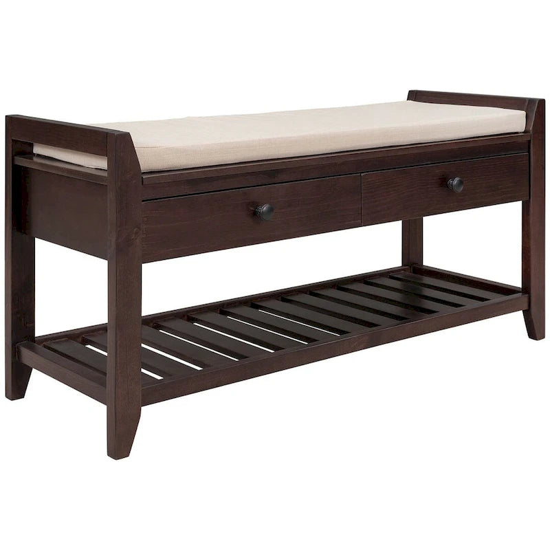 Banc de rangement capitonné de ferme avec tiroirs et range-chaussures