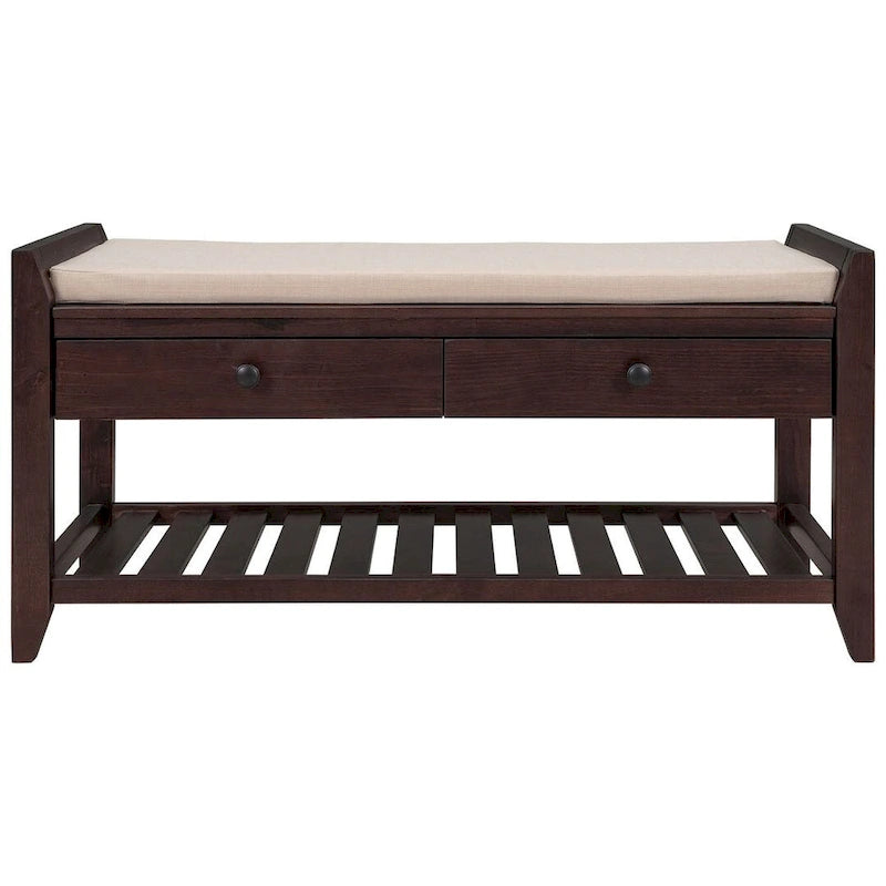 Banc de rangement capitonné de ferme avec tiroirs et range-chaussures