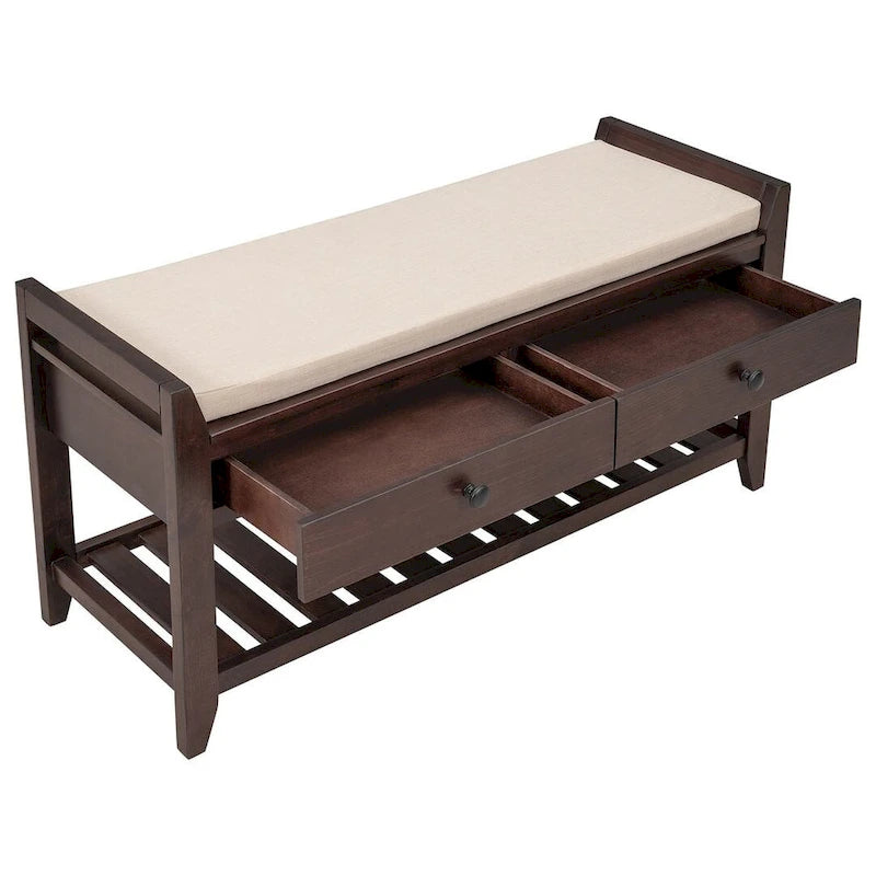 Banc de rangement capitonné de ferme avec tiroirs et range-chaussures