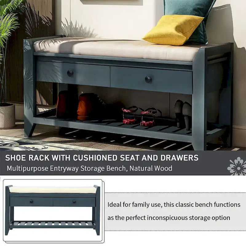 Banc de rangement capitonné de ferme avec tiroirs et range-chaussures
