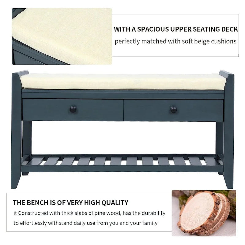 Banc de rangement capitonné de ferme avec tiroirs et range-chaussures