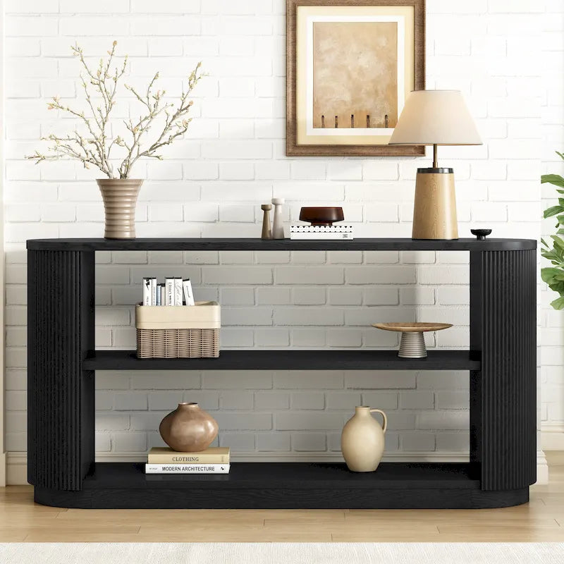Console cannelée avec étagères ouvertes Placage bois Noir Marron Naturel