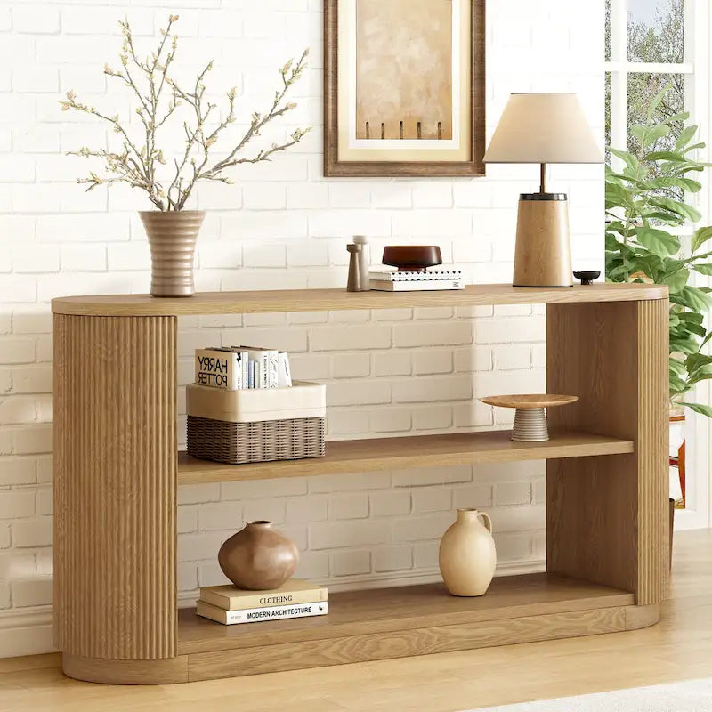 Console cannelée avec étagères ouvertes Placage bois Noir Marron Naturel