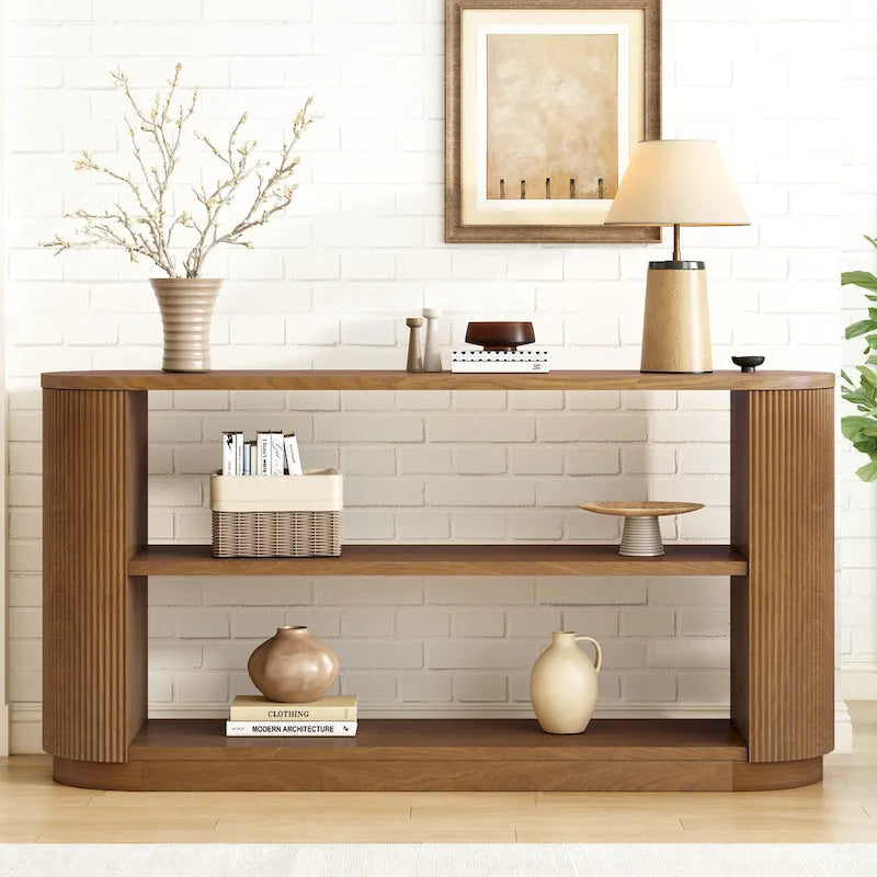 Console cannelée avec étagères ouvertes Placage bois Noir Marron Naturel