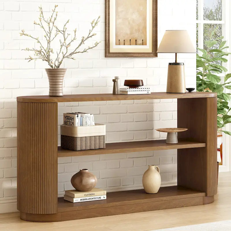 Console cannelée avec étagères ouvertes Placage bois Noir Marron Naturel