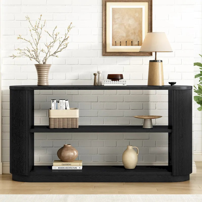 Console cannelée avec étagères ouvertes Placage bois Noir Marron Naturel
