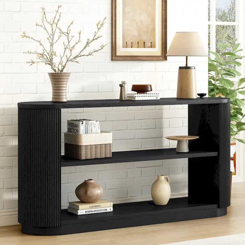 Console cannelée avec étagères ouvertes Placage bois Noir Marron Naturel