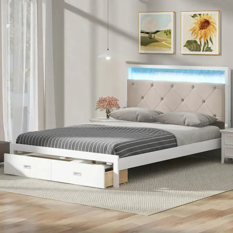 Wood Queen Size Platform Bed with Upholstered Headboard and LED and 2 Drawers