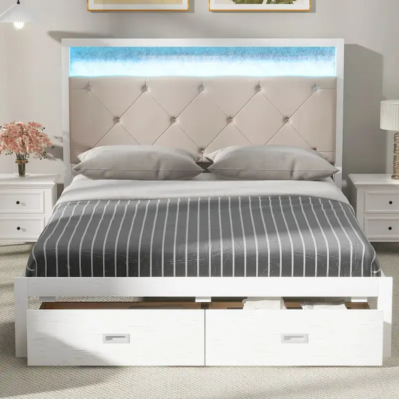 Lit plateforme queen avec tête de lit capitonnée en tissu, lumières LED, tiroirs de rangement, blanc antique