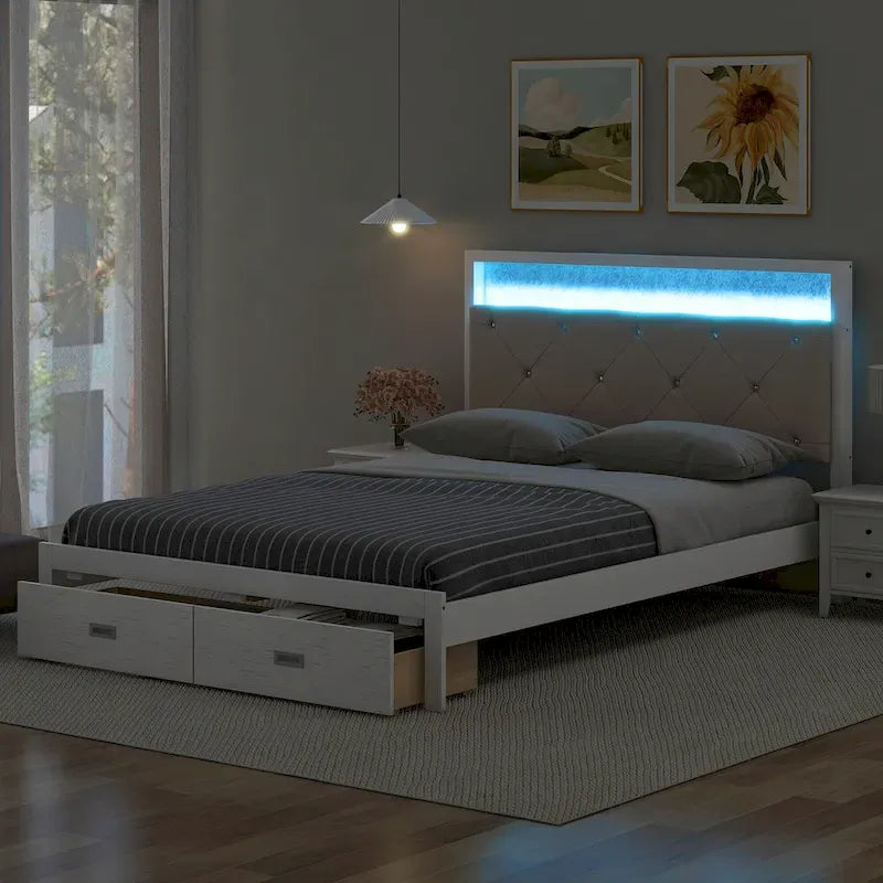 Lit plateforme queen avec tête de lit capitonnée en tissu, lumières LED, tiroirs de rangement, blanc antique