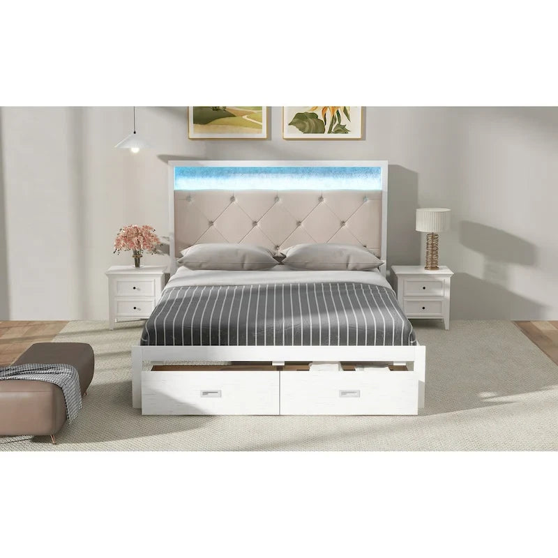 Lit plateforme queen avec tête de lit capitonnée en tissu, lumières LED, tiroirs de rangement, blanc antique