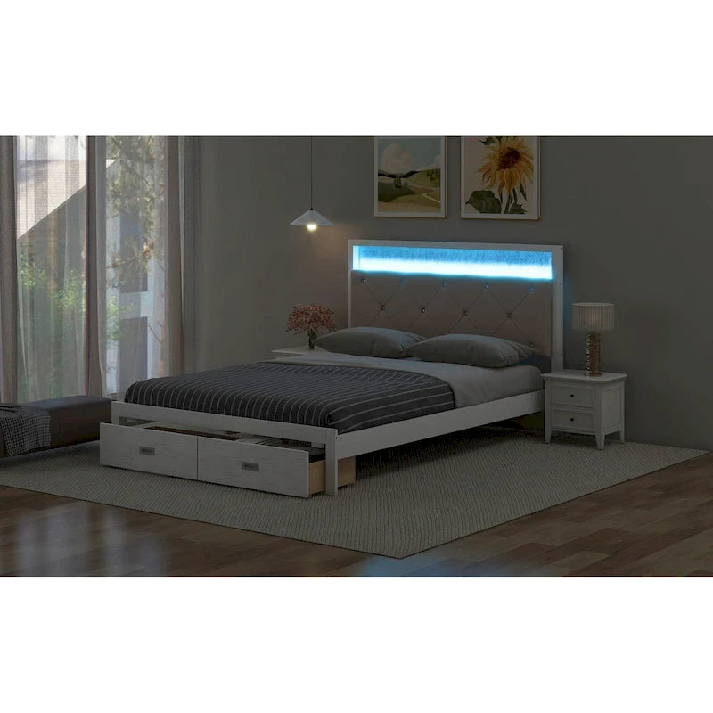 Lit plateforme queen avec tête de lit capitonnée en tissu, lumières LED, tiroirs de rangement, blanc antique