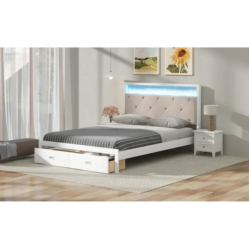Lit plateforme queen avec tête de lit capitonnée en tissu, lumières LED, tiroirs de rangement, blanc antique