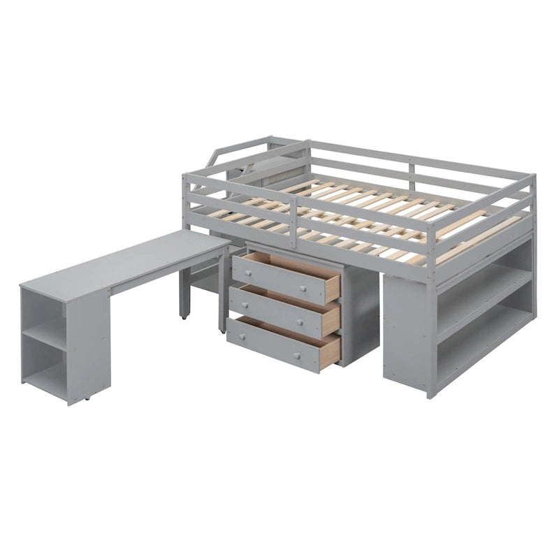 Lit mezzanine simple gris pleine grandeur avec escalier de rangement, tiroirs et étagères