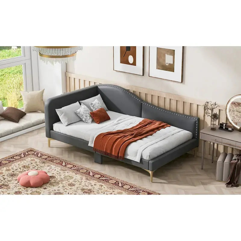 Lit de repos plateforme rembourré en lin avec tête de lit à rivets et garde-corps, beige et gris