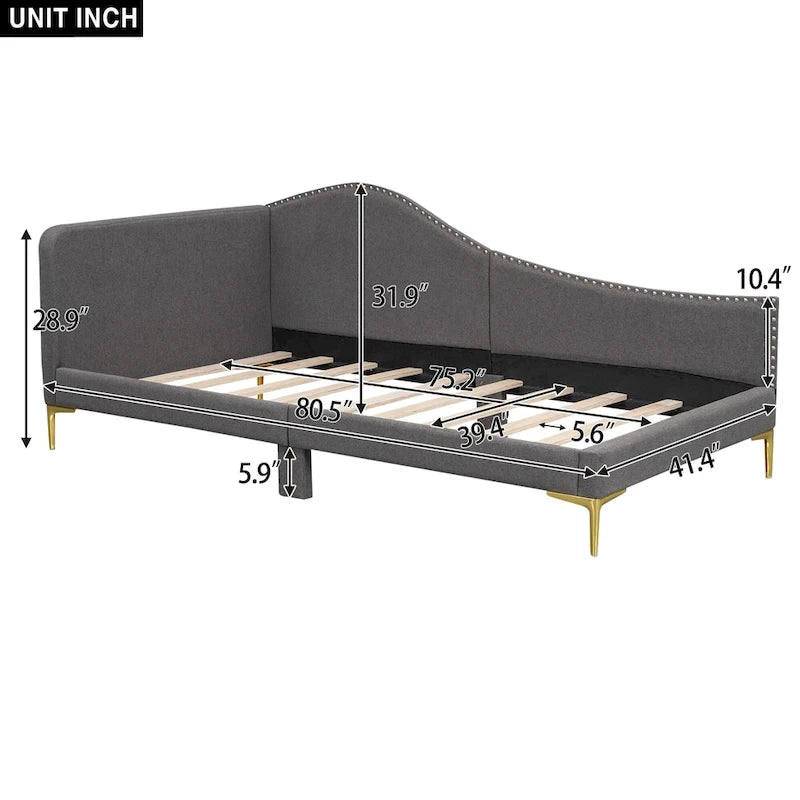 Lit de repos plateforme rembourré en lin avec tête de lit à rivets et garde-corps, beige et gris