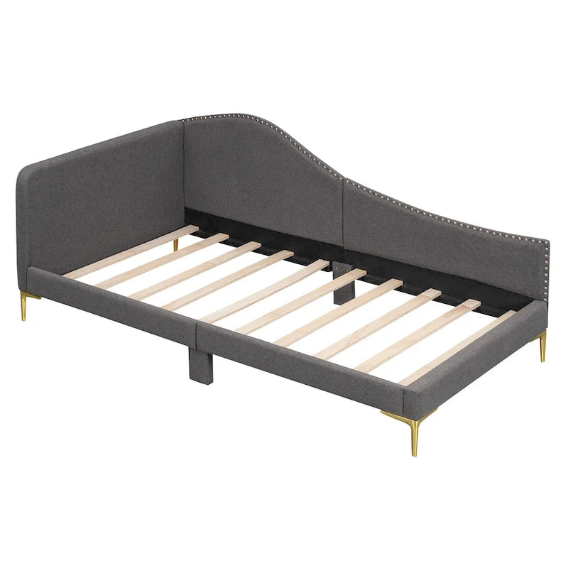 Lit de repos plateforme rembourré en lin avec tête de lit à rivets et garde-corps, beige et gris