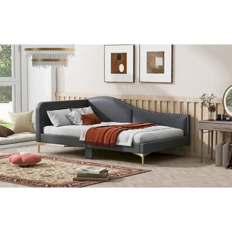 Lit de repos plateforme rembourré en lin avec tête de lit à rivets et garde-corps, beige et gris