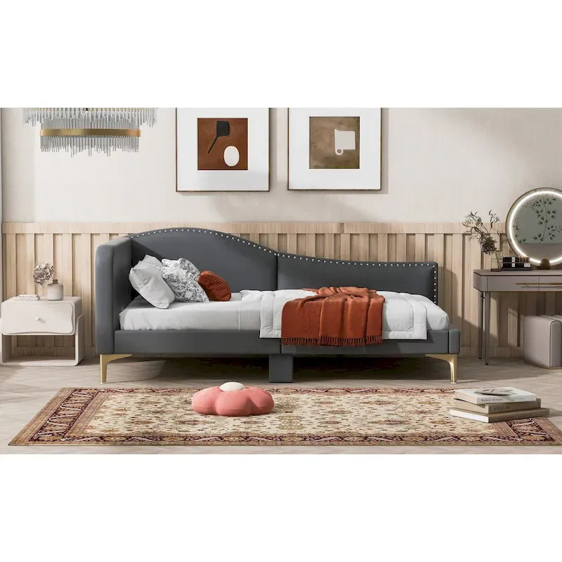 Lit de repos plateforme rembourré en lin avec tête de lit à rivets et garde-corps, beige et gris
