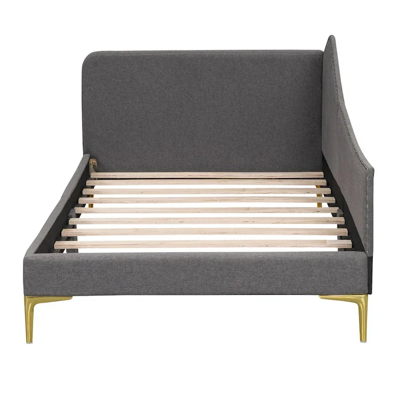 Lit de repos plateforme rembourré en lin avec tête de lit à rivets et garde-corps, beige et gris