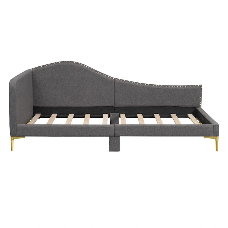 Lit de repos plateforme rembourré en lin avec tête de lit à rivets et garde-corps, beige et gris