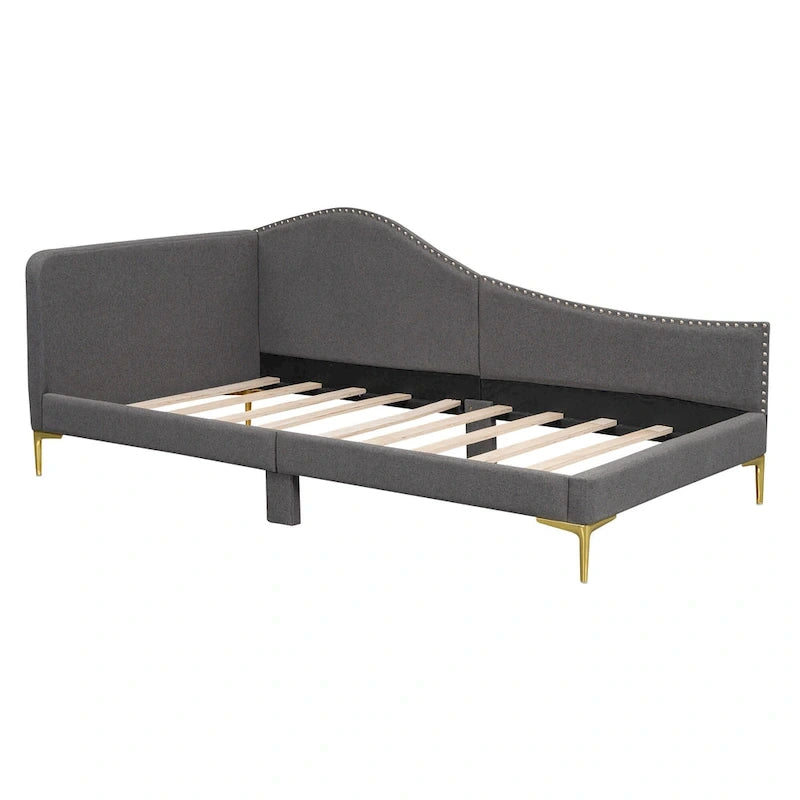 Lit de repos plateforme rembourré en lin avec tête de lit à rivets et garde-corps, beige et gris