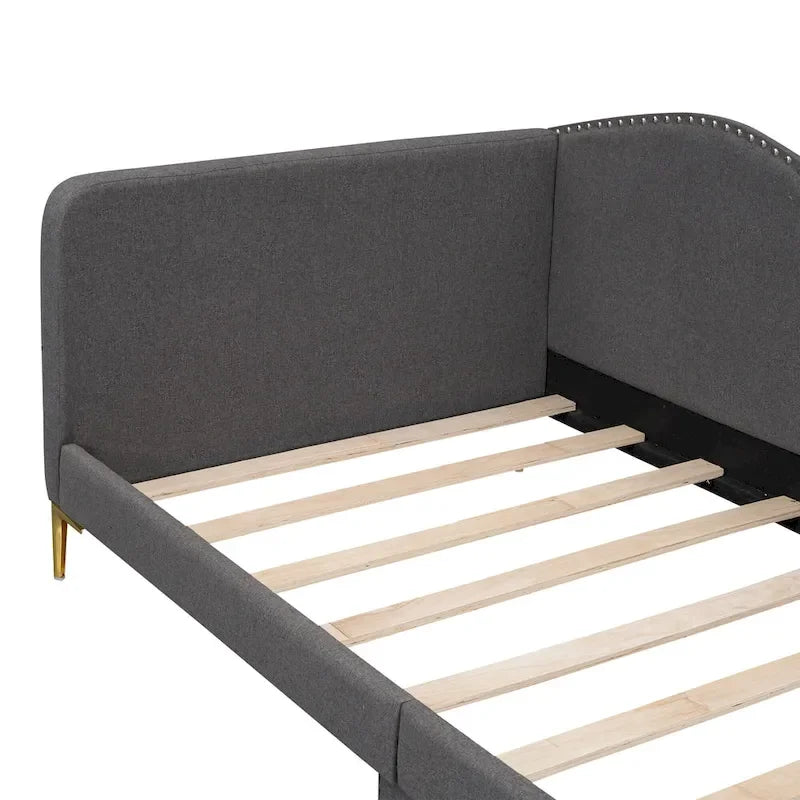 Lit de repos plateforme rembourré en lin avec tête de lit à rivets et garde-corps, beige et gris